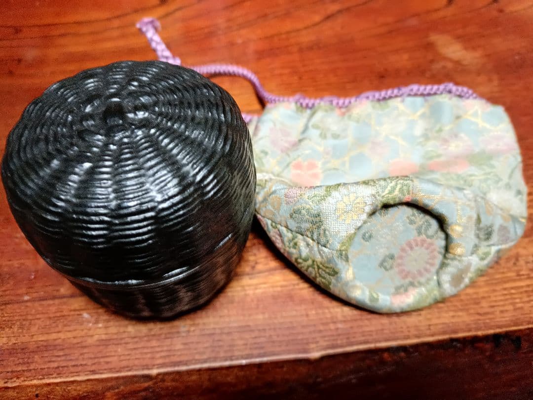 こより編み乾漆技法本金蒔絵棗茶道具 巾着袋付き