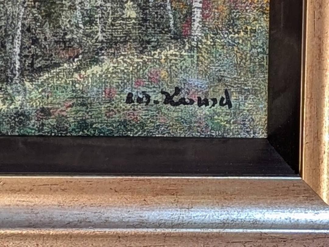 【真作】絵画　油彩6号　小さな菜園　静謐な風景画　詩情漂う山間の家並み　Y76