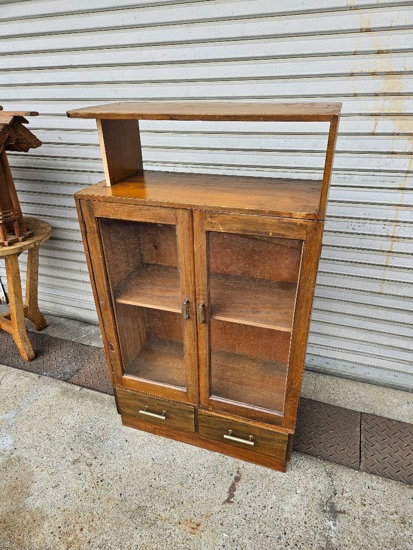 日本のアンティーク 古い木のガラスケース オープンラック 飾り棚 キャビネット