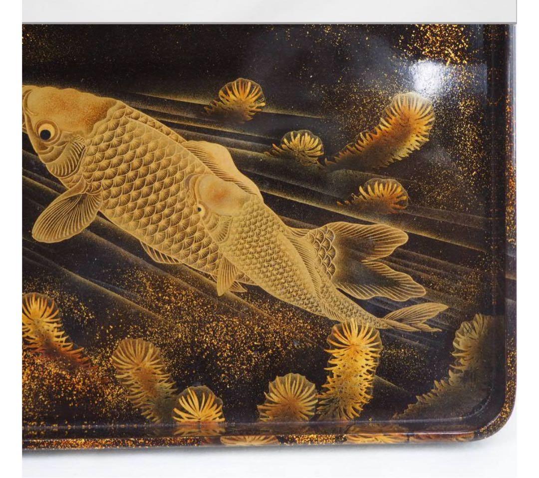 送料無料　江戸後期　蒔絵の名工７代山本春正（正徳）作　蝋色鯉画四角盆共箱本物保証