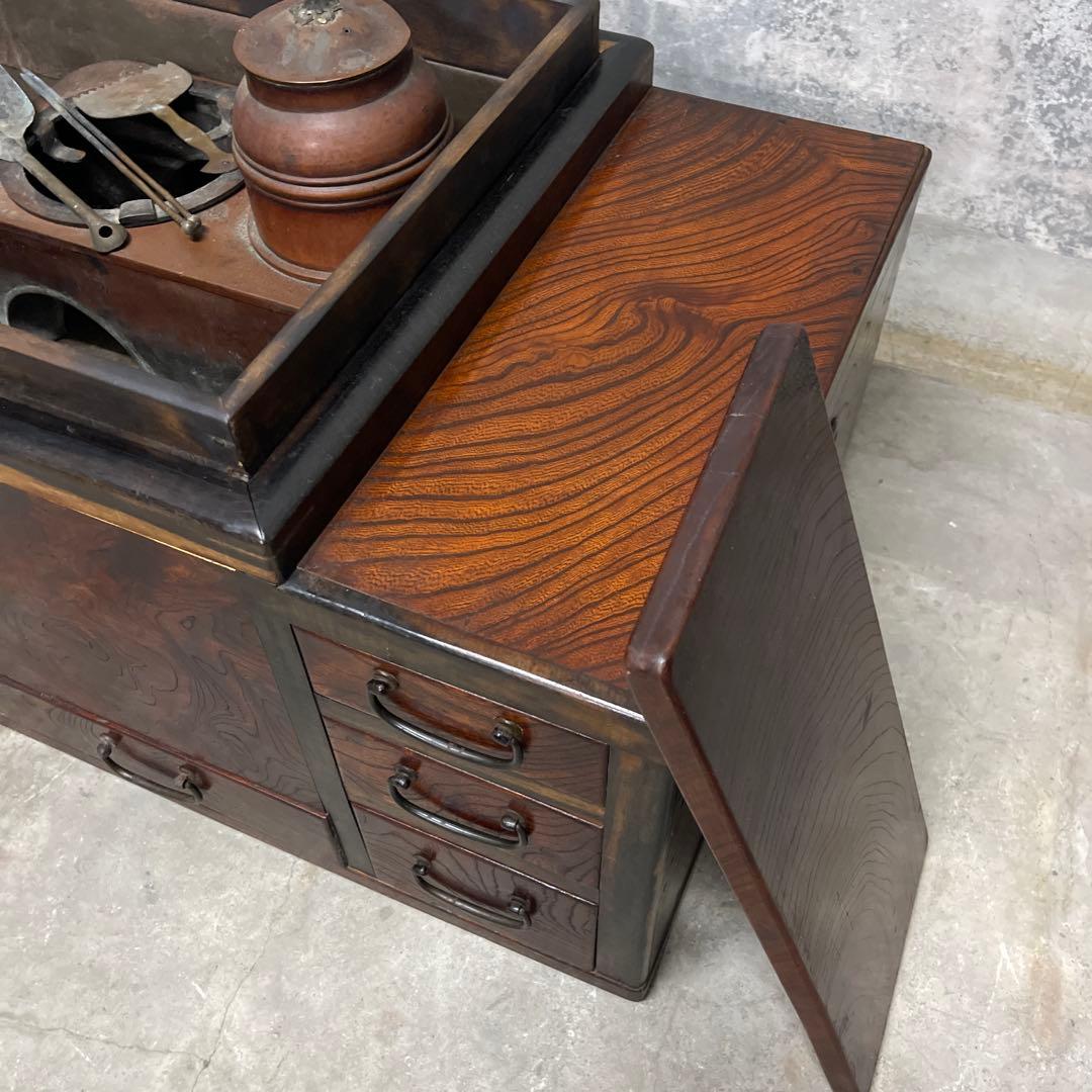 当時物　関東火鉢 欅 長火鉢　銅壺付き　欅　黒柿　猫板　時代家具　アンティーク