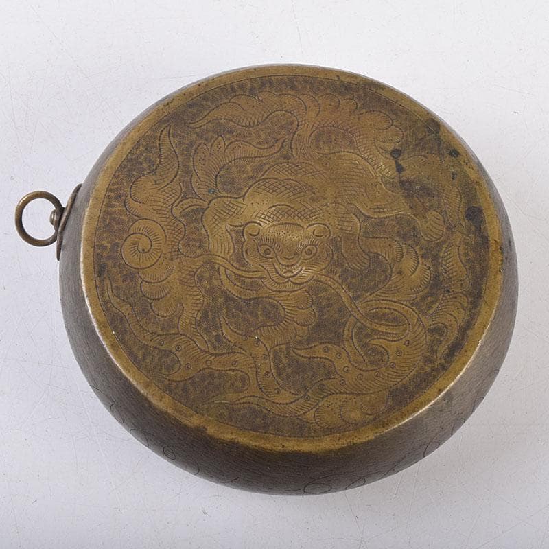 中国　古銅　木瓜神獣刻　薬入　蓋物　時代箱付　C　R8939