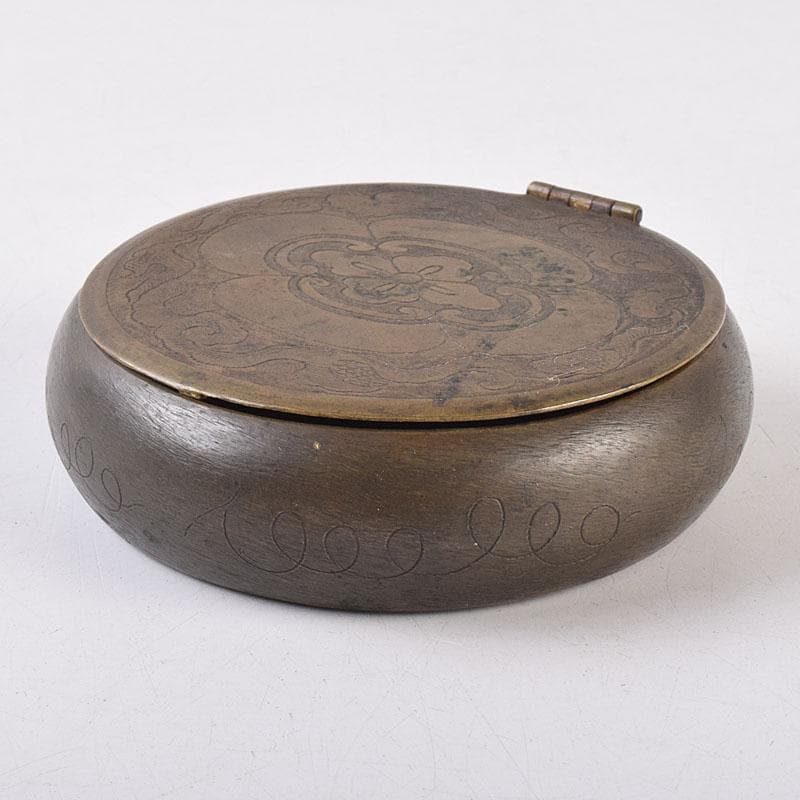 中国　古銅　木瓜神獣刻　薬入　蓋物　時代箱付　C　R8939