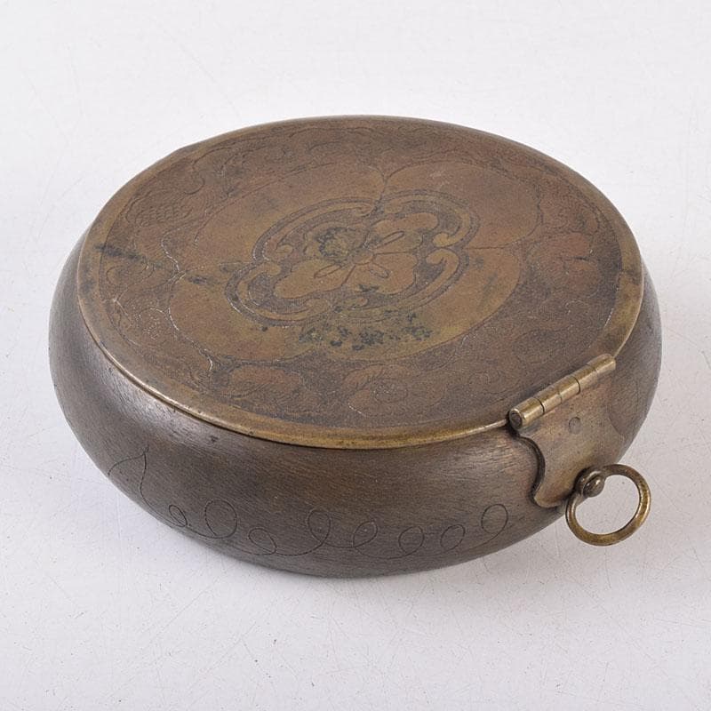 中国　古銅　木瓜神獣刻　薬入　蓋物　時代箱付　C　R8939