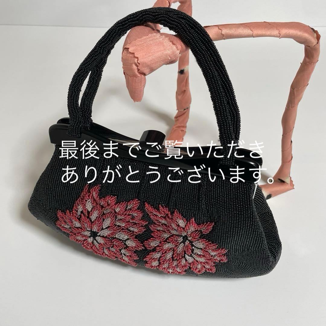 ビンテージ 黒 菊文様 ビーズバッグ 総ビーズ 和装バッグ 和装小物 YK072