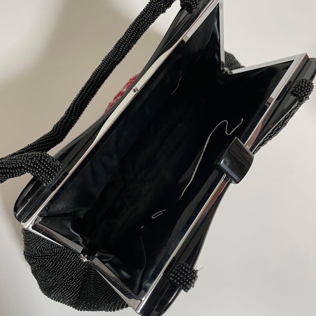 ビンテージ 黒 菊文様 ビーズバッグ 総ビーズ 和装バッグ 和装小物 YK072