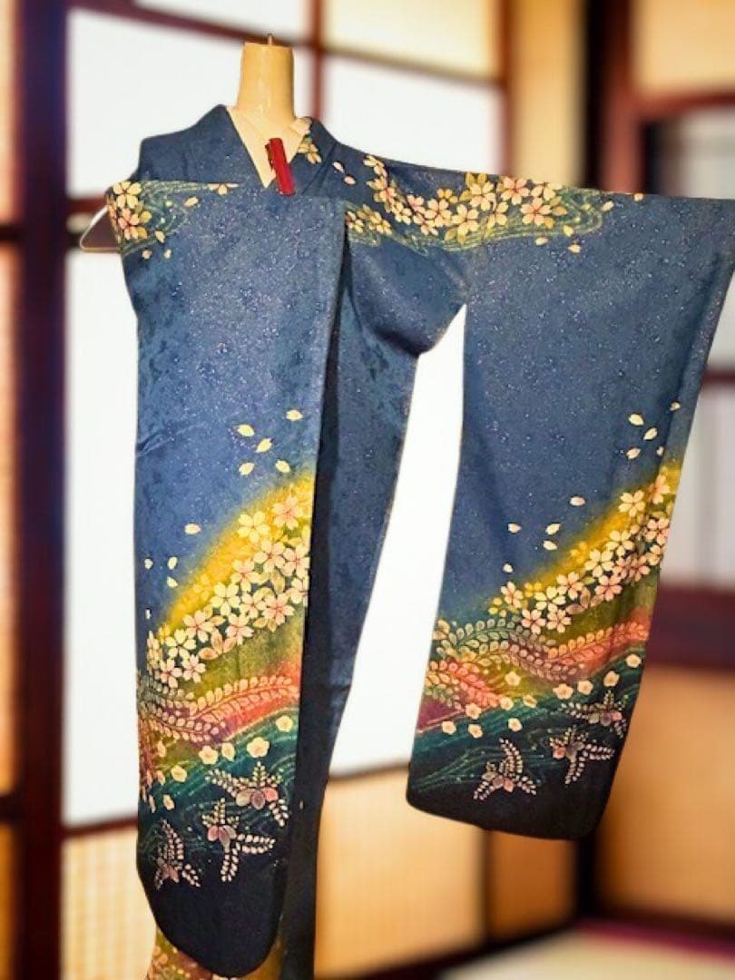 ♡ 未使用　振袖　桜流水につた　ブルー♡