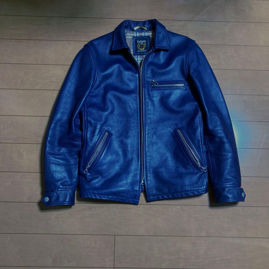 Schott レザーシングルライダースジャケット S 青