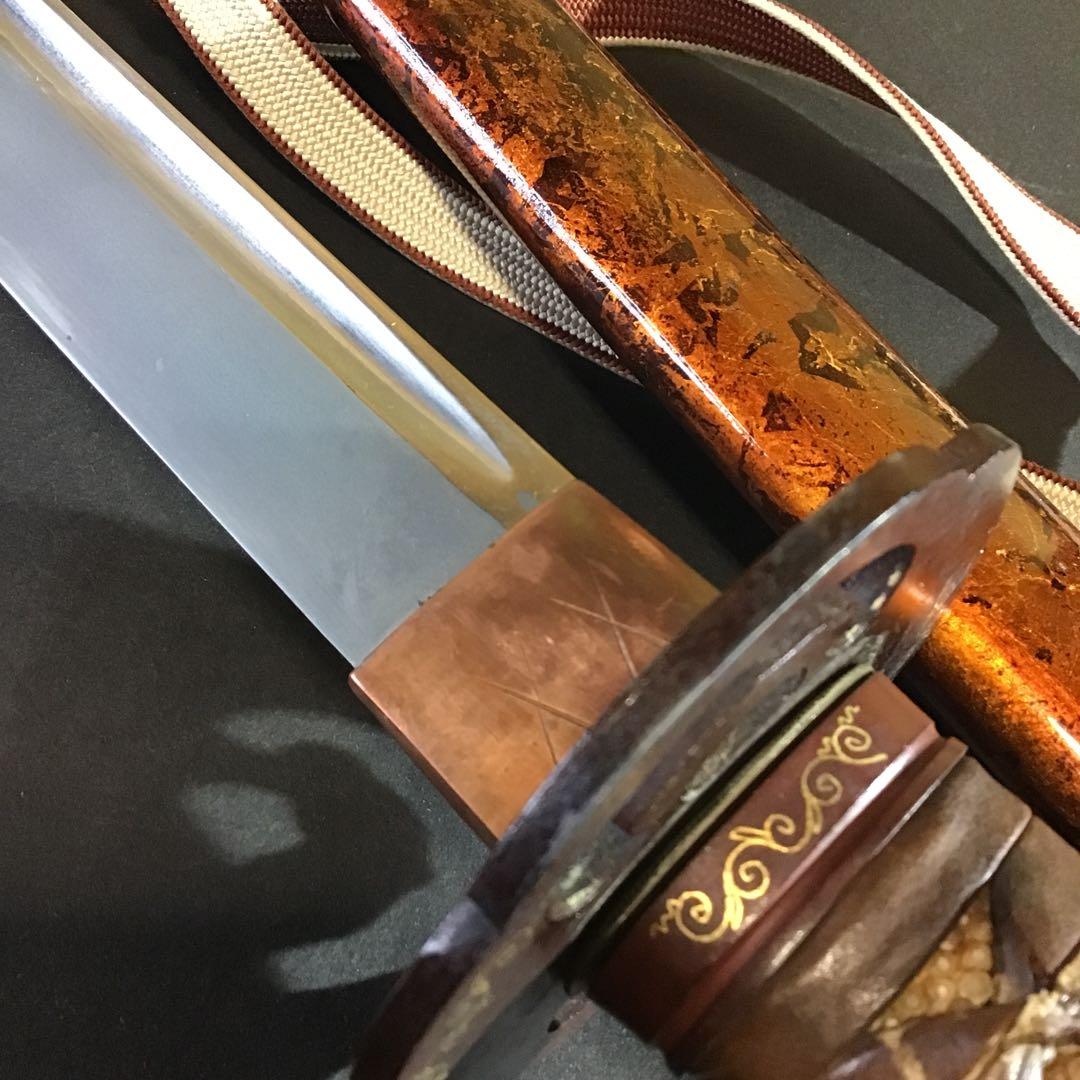 肥後拵　鍔　縁頭　象嵌　革巻柄　目貫勝虫　居合刀