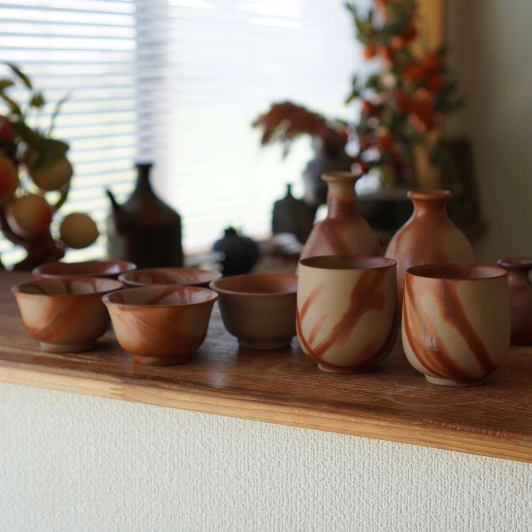 KCK604 備前焼 煎茶椀 湯呑み 一輪挿し 徳利 10客 在銘 伝統工芸品