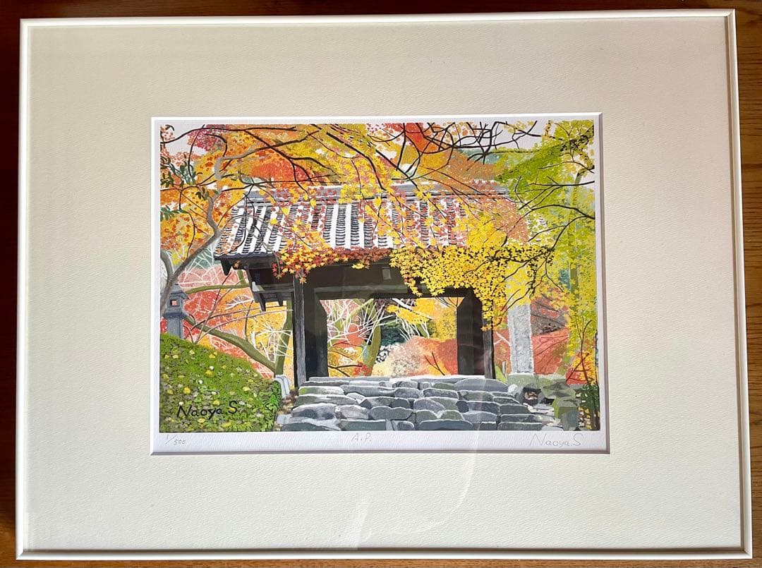 水彩画　ジクレー版画「秋月城跡 黒門の紅葉」（朝倉市）