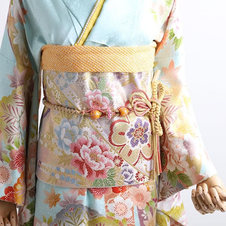 ◆正絹振袖６点セット◆水色ベースに古典柄振袖　 HKZ3120