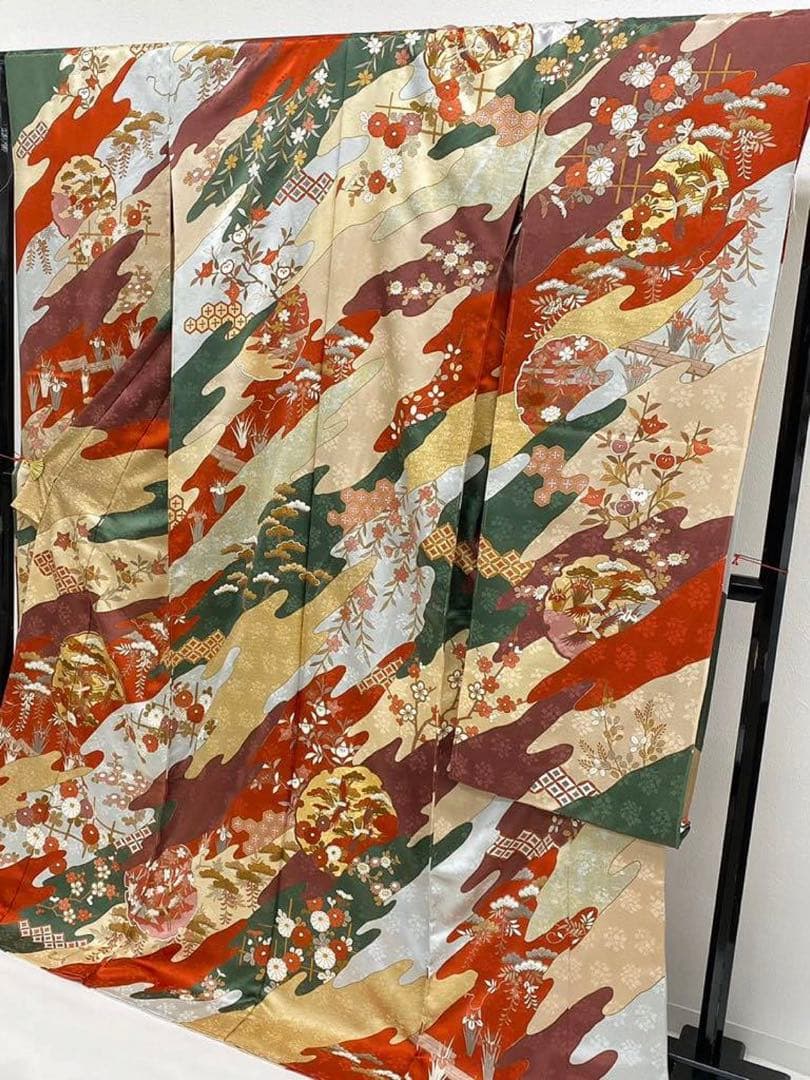 藤井寛 落款入 振袖 未仕立て品 仮絵羽 鶴 七宝繋ぎ 金駒 金彩 紋意匠 正絹