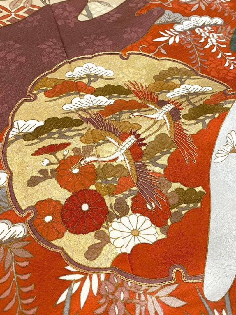 藤井寛 落款入 振袖 未仕立て品 仮絵羽 鶴 七宝繋ぎ 金駒 金彩 紋意匠 正絹