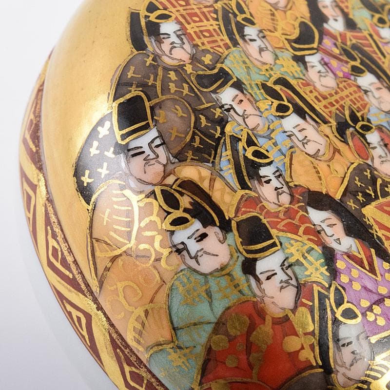 九谷焼　二代目　岳陽作　色絵金彩細字　三十六歌仙　香合　共箱　M　R7585