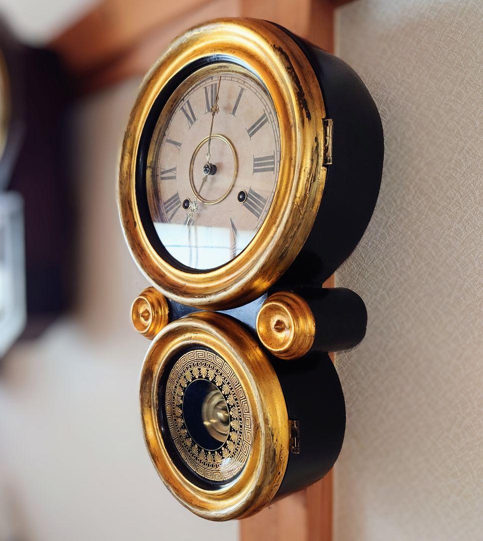 〈OH済完動美品〉ANSONIA　小型金箔本四ツ丸達磨ゼンマイ振り子掛け時計