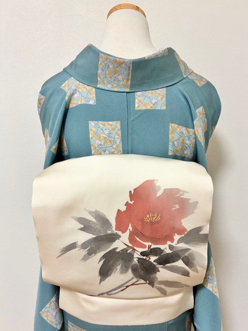 袷　小紋　苺の千代紙　裄70cm 正絹　半衿おまけ付き