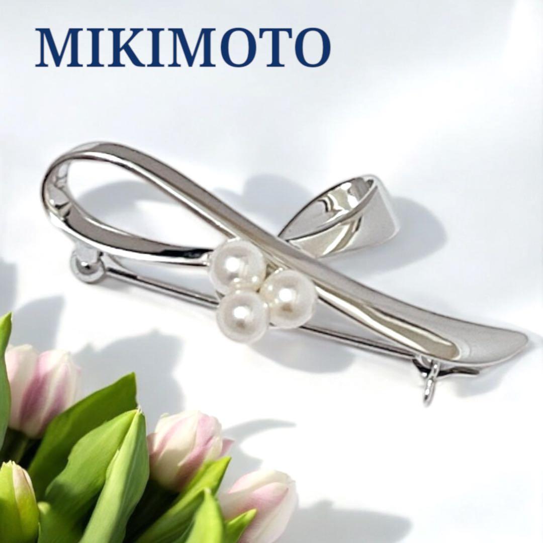 【未使用】MIKIMOTO パールブローチ あこや真珠 リボンモチーフ 刻印あり