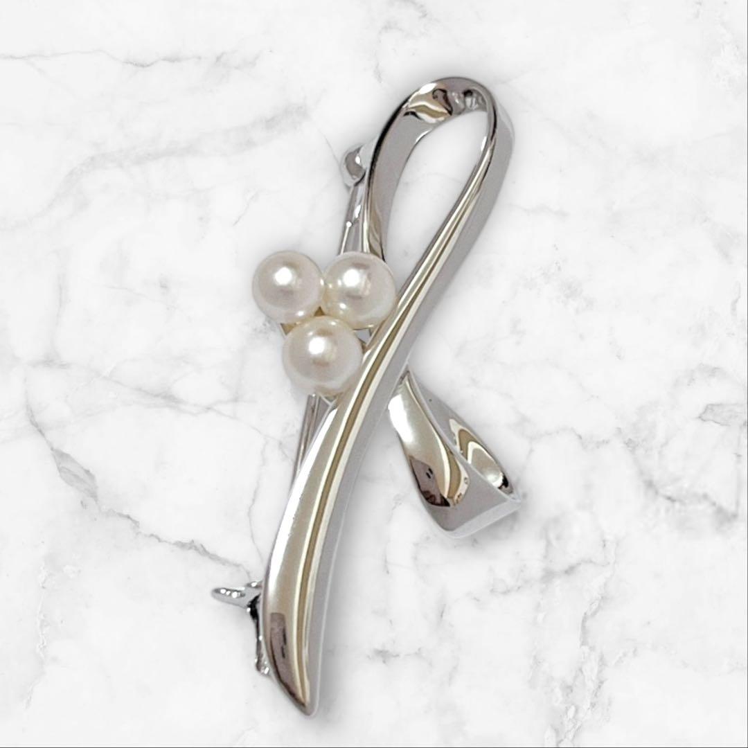 【未使用】MIKIMOTO パールブローチ あこや真珠 リボンモチーフ 刻印あり
