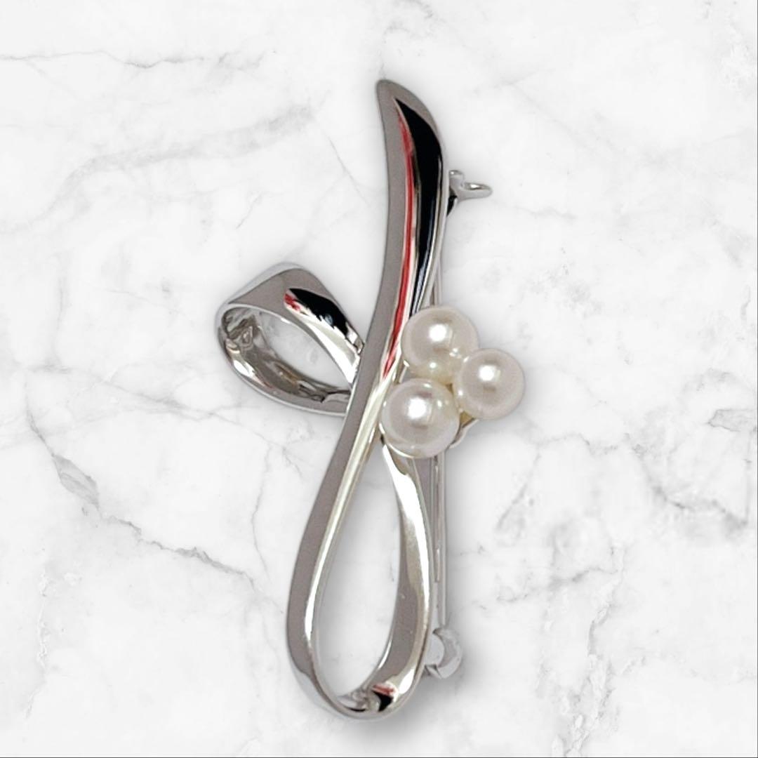 【未使用】MIKIMOTO パールブローチ あこや真珠 リボンモチーフ 刻印あり