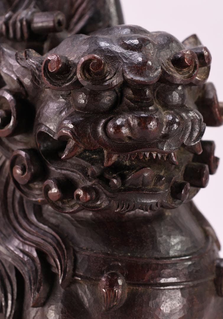 でこい　石崎秀峰 勤作 「 木彫 文殊菩薩 」 金銘　共箱 高さ37.5㎝