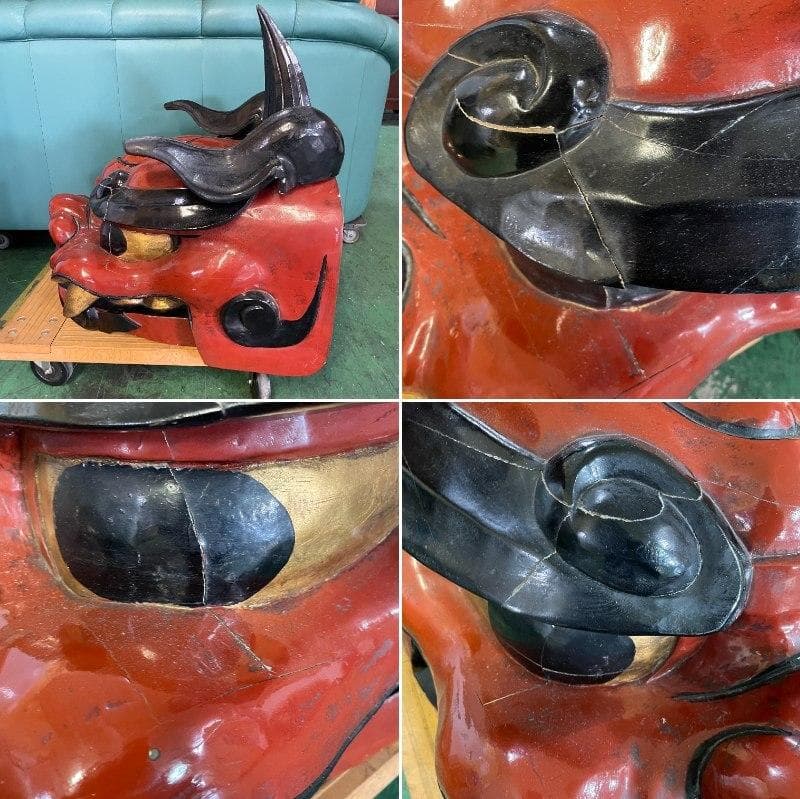 特大　獅子頭　獅子舞　伝統工芸　木彫り　彫刻　縁起物　置物　お正月　XＺ3509