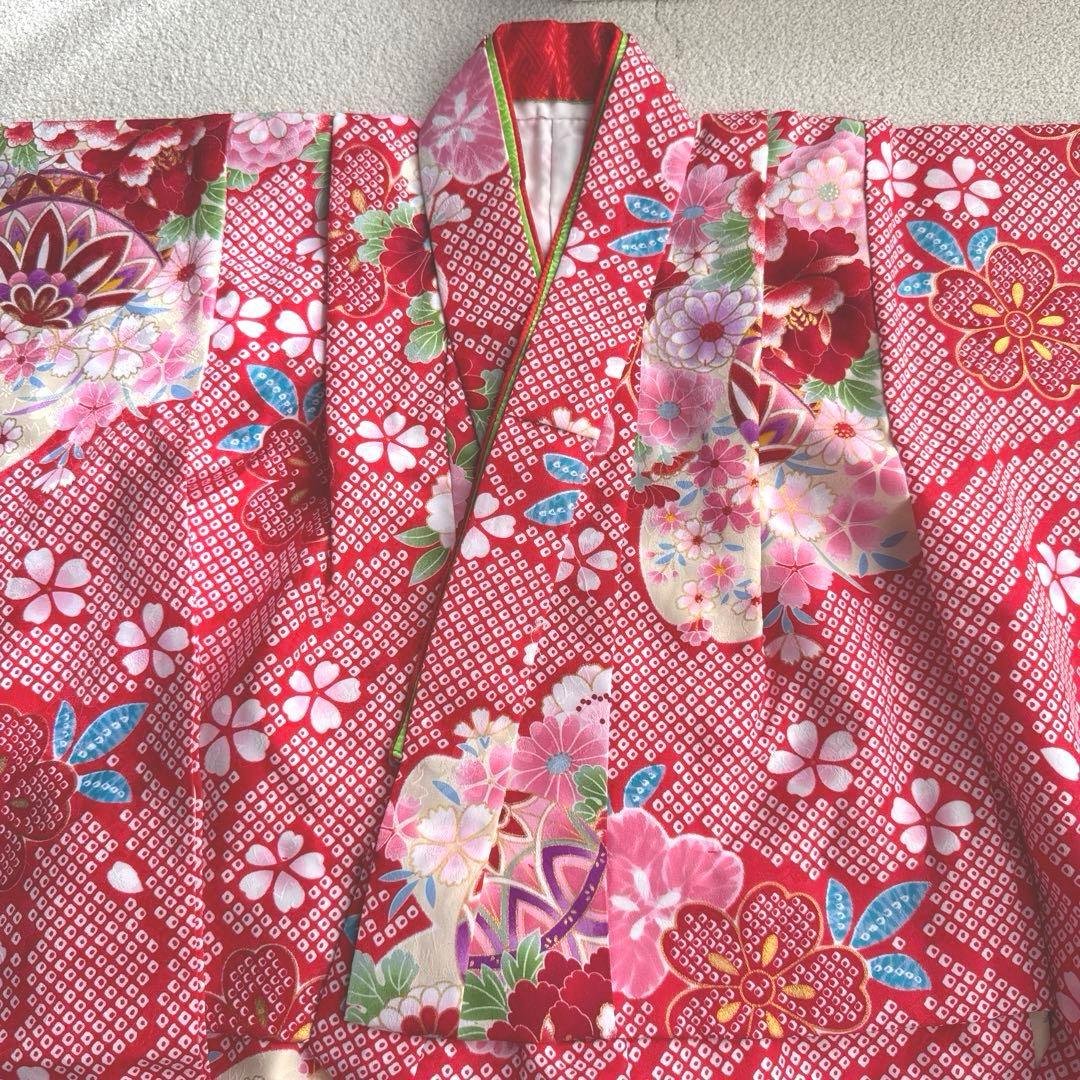 【七五三 3歳 女の子】京都花ひめ 8点フルセット 被布疋田柄 赤白ピンク
