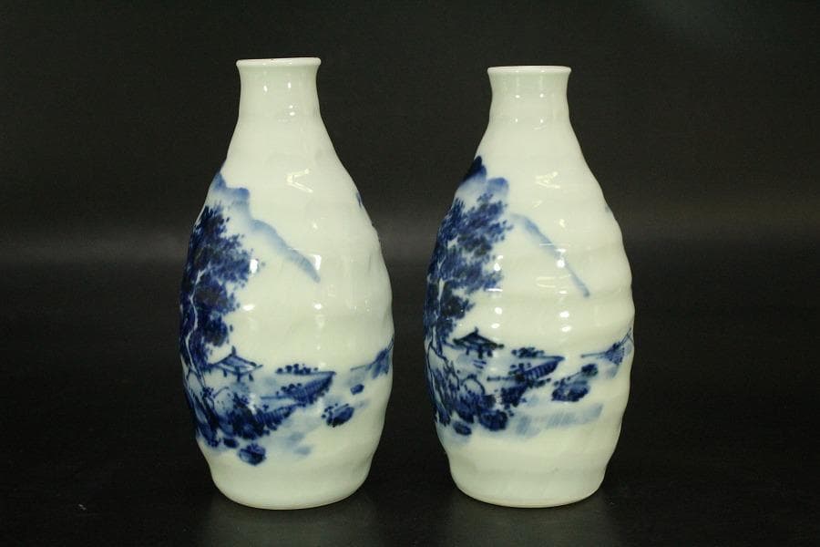 清水六兵衛 染付 山水画 瓶 一対(A631)