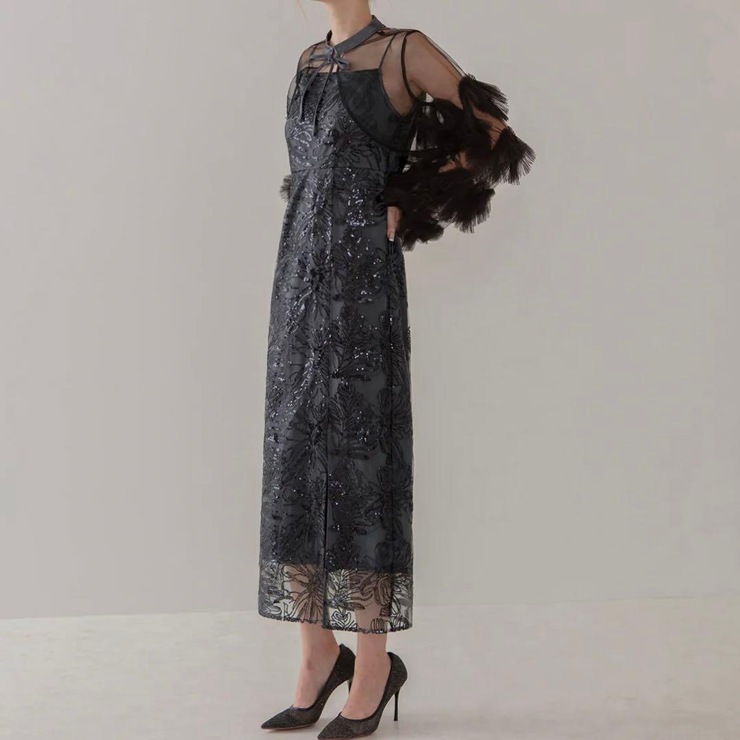 leja レジャ フリルチュールスリーブリボンIラインワンピースドレス