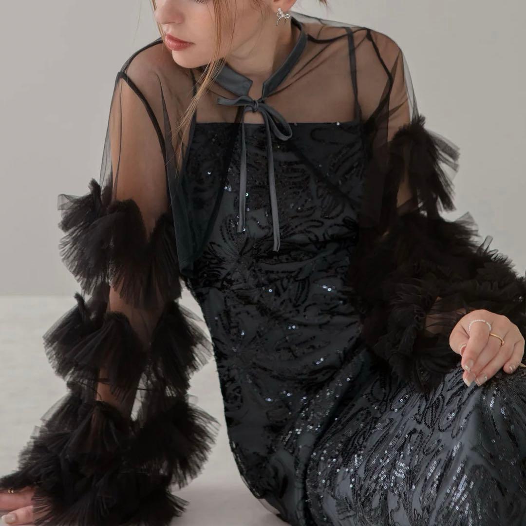 leja レジャ フリルチュールスリーブリボンIラインワンピースドレス