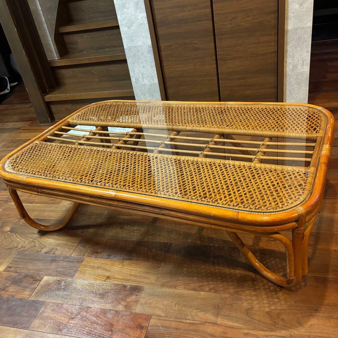 美品✨　籐 ラタン ガラスローテーブル センターテーブル 古民家 古家具