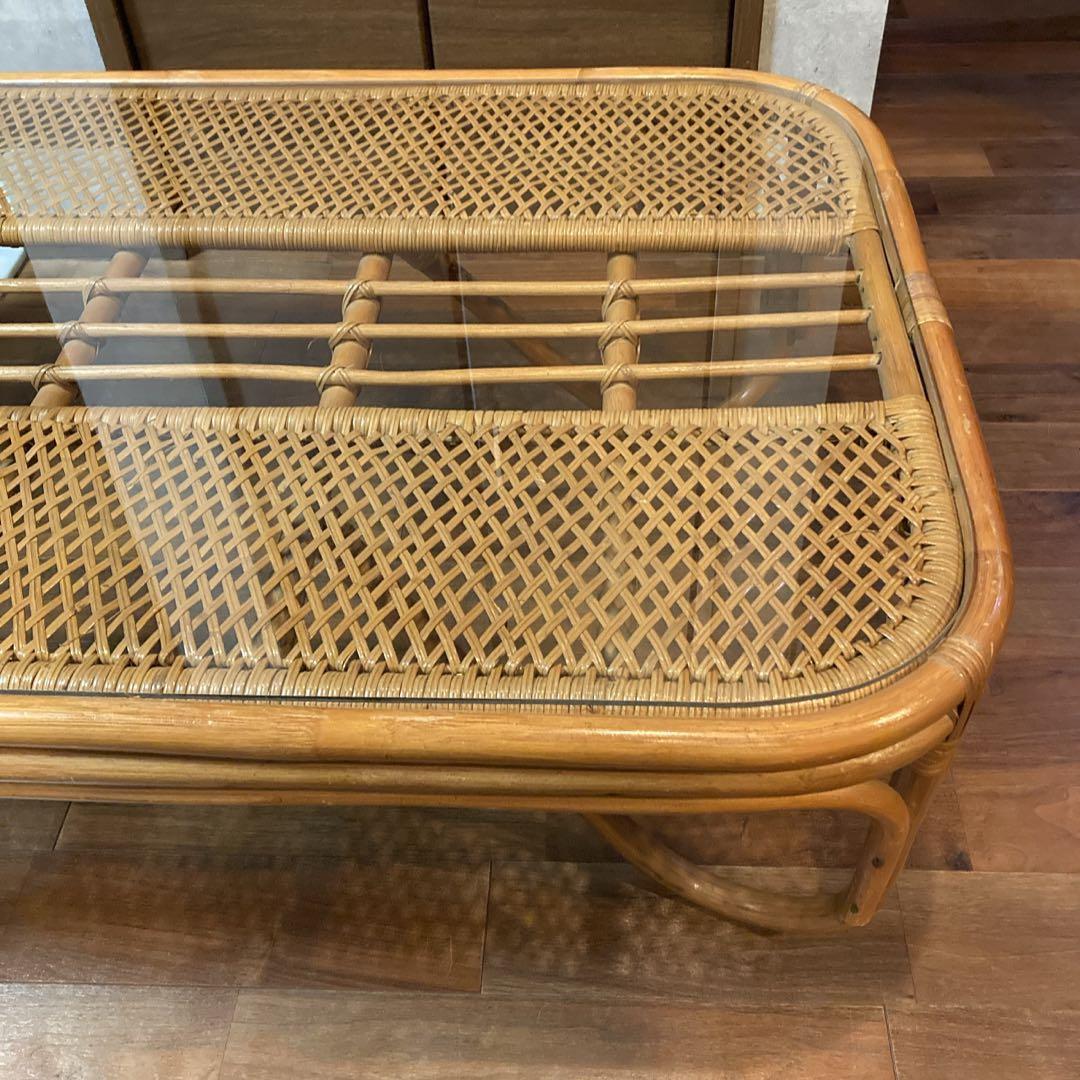 美品✨　籐 ラタン ガラスローテーブル センターテーブル 古民家 古家具