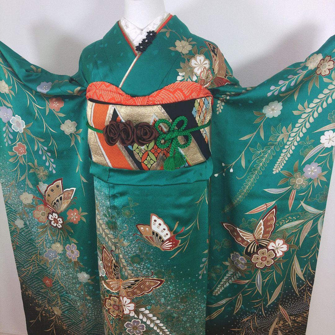 格安！振袖フルセット　10点　成人式　結婚式　前撮り　グリーン　緑　ふくよかさん