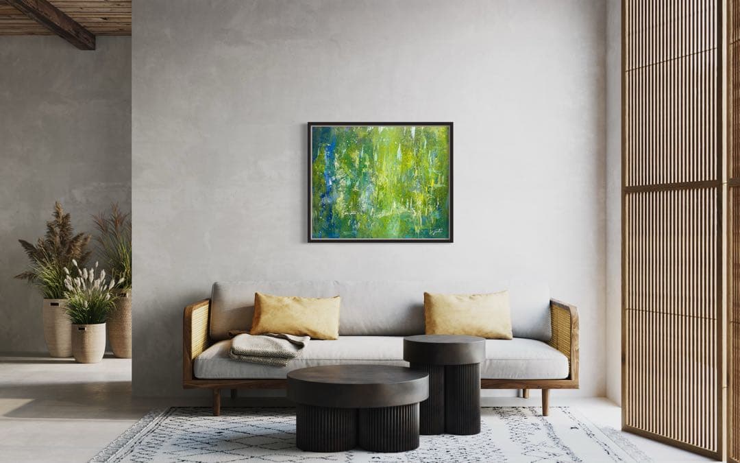 原画　73×60cm「美しき緑の星」現代アート　額縁付