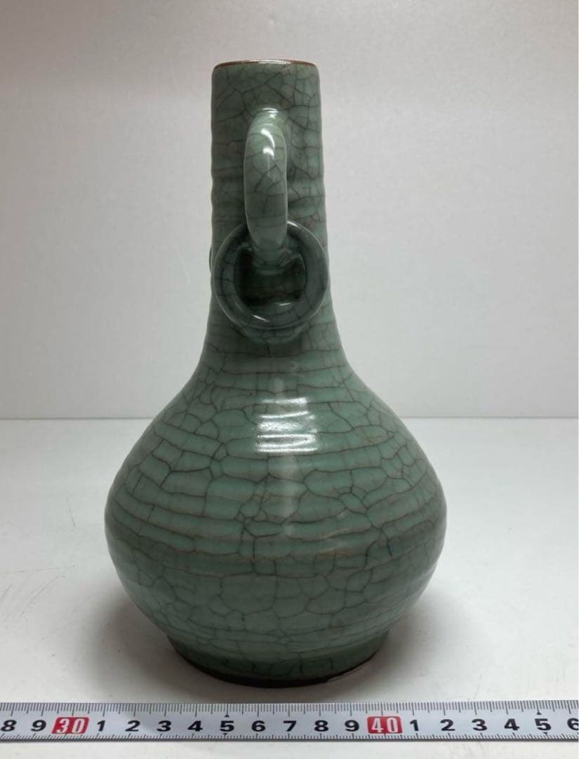 中国古窯哥窯青磁環付花入　口3.5cm 高21.3cm