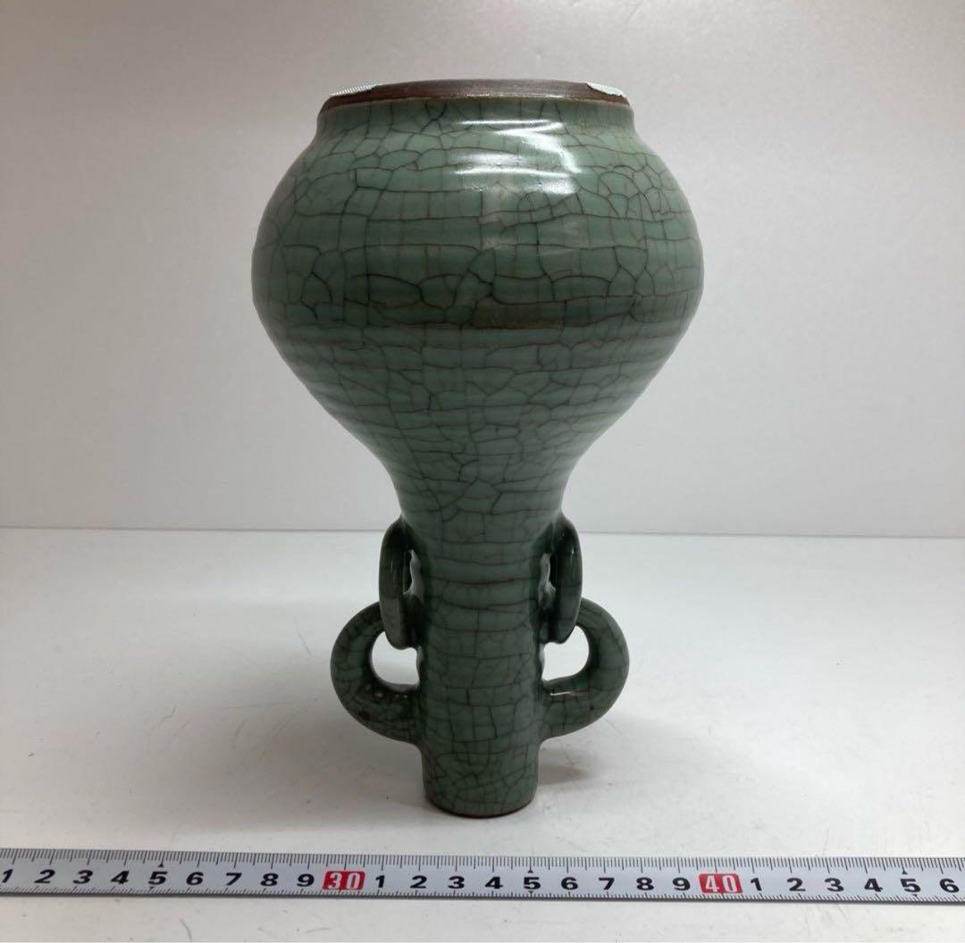 中国古窯哥窯青磁環付花入　口3.5cm 高21.3cm