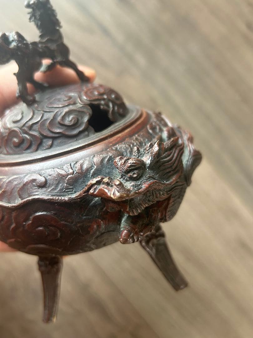 米田秀保 造 鋳銅製 蝋型 麒麟摘 雲龍地文細密彫 三足香炉 茶道具 香道具