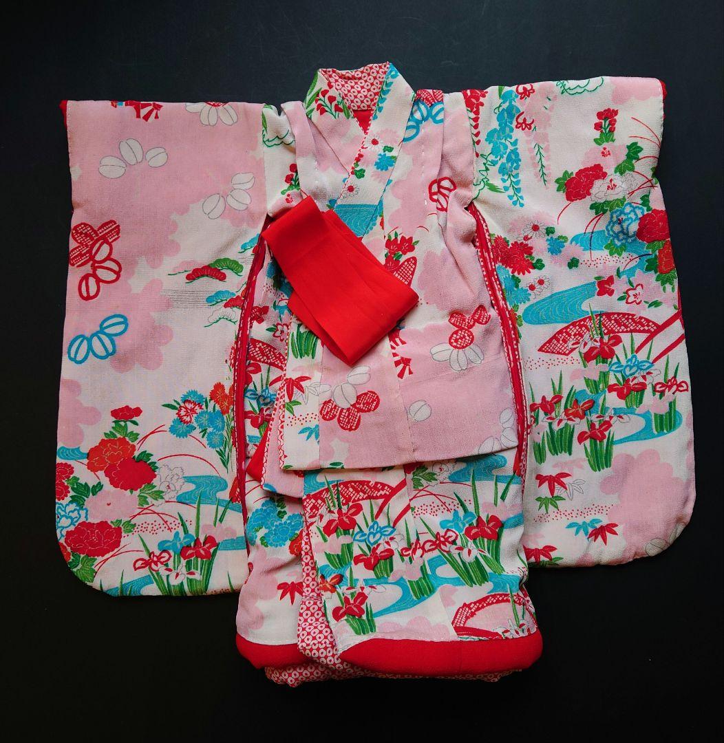 市松人形　お振り袖　着物と帯のセット　縮緬　古布　袷　本仕立て　15号52cm用
