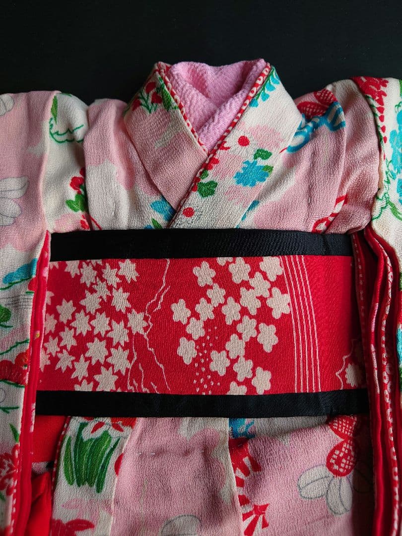 市松人形　お振り袖　着物と帯のセット　縮緬　古布　袷　本仕立て　15号52cm用