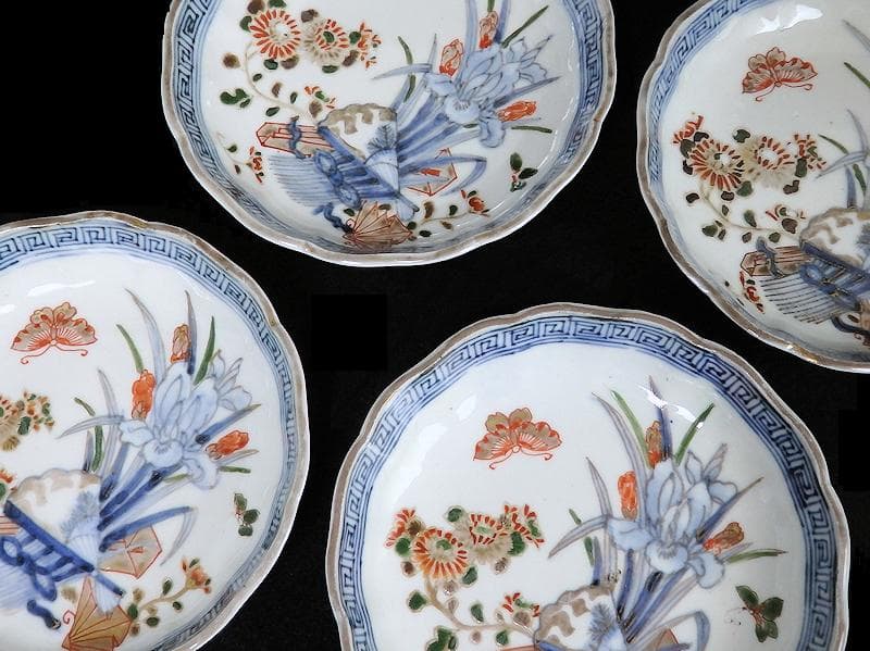 古伊万里　染錦　菖蒲に菊の図　４寸半皿　４客　D869AS-BXp