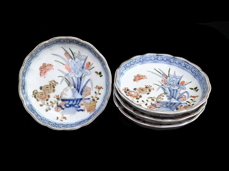 古伊万里　染錦　菖蒲に菊の図　４寸半皿　４客　D869AS-BXp