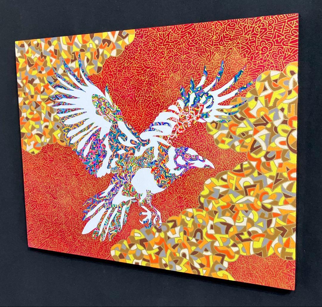 値下げ　原画　カラス　鳥　動物画　絵画　アクリル画　現代アート　細密画　一点物