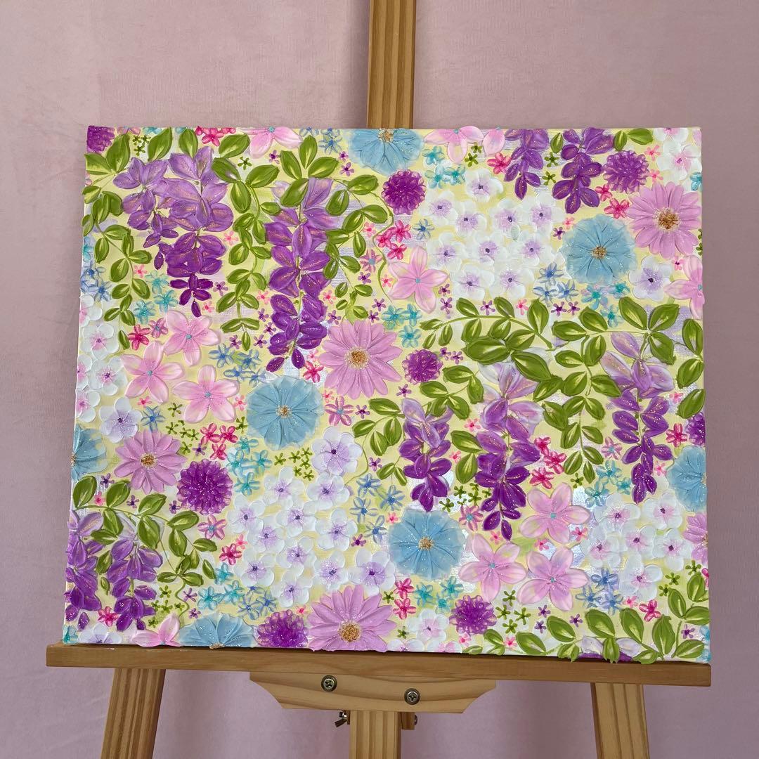 花柄アクリル絵画 藤の花 藤 藤の絵 藤柄 テクスチャーアート ボタニカル