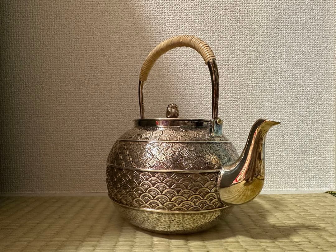 純銀製 金蘭模様彫 蕾摘 湯沸 銀瓶 工芸品 美術品 煎茶道具