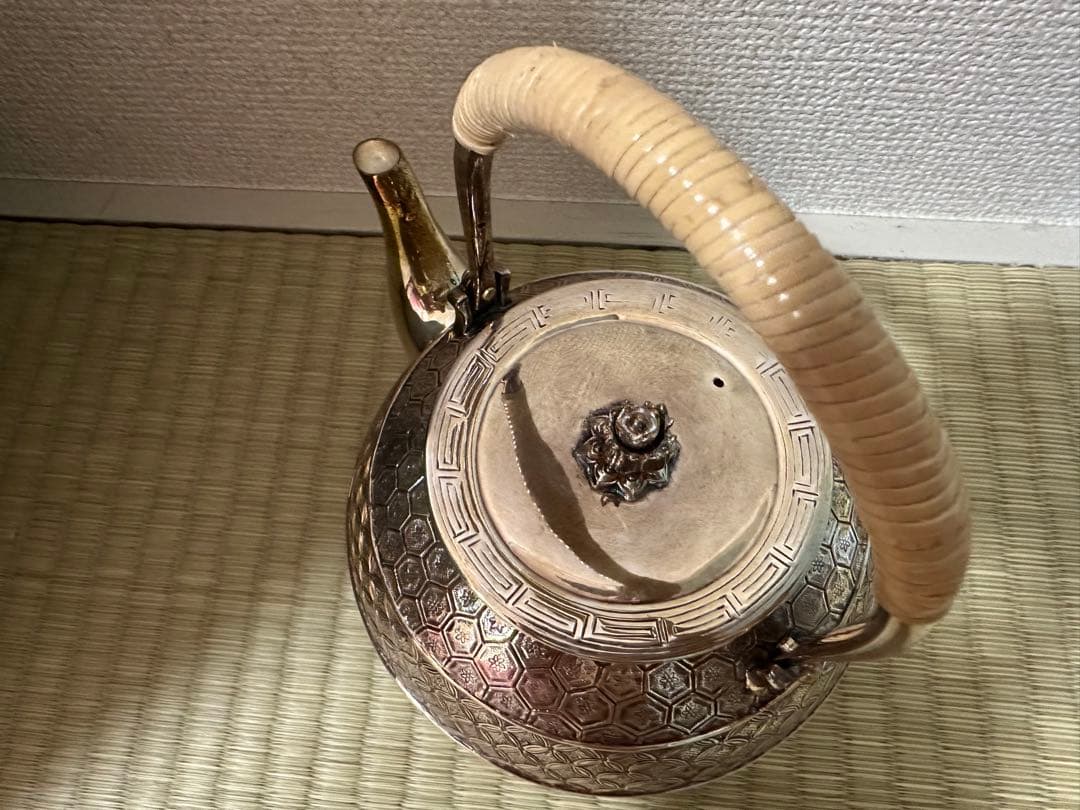 純銀製 金蘭模様彫 蕾摘 湯沸 銀瓶 工芸品 美術品 煎茶道具