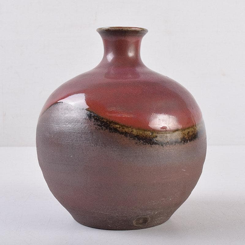 人間国宝　濱田庄司作　辰砂釉　丸壷　共布共箱　V　R8910