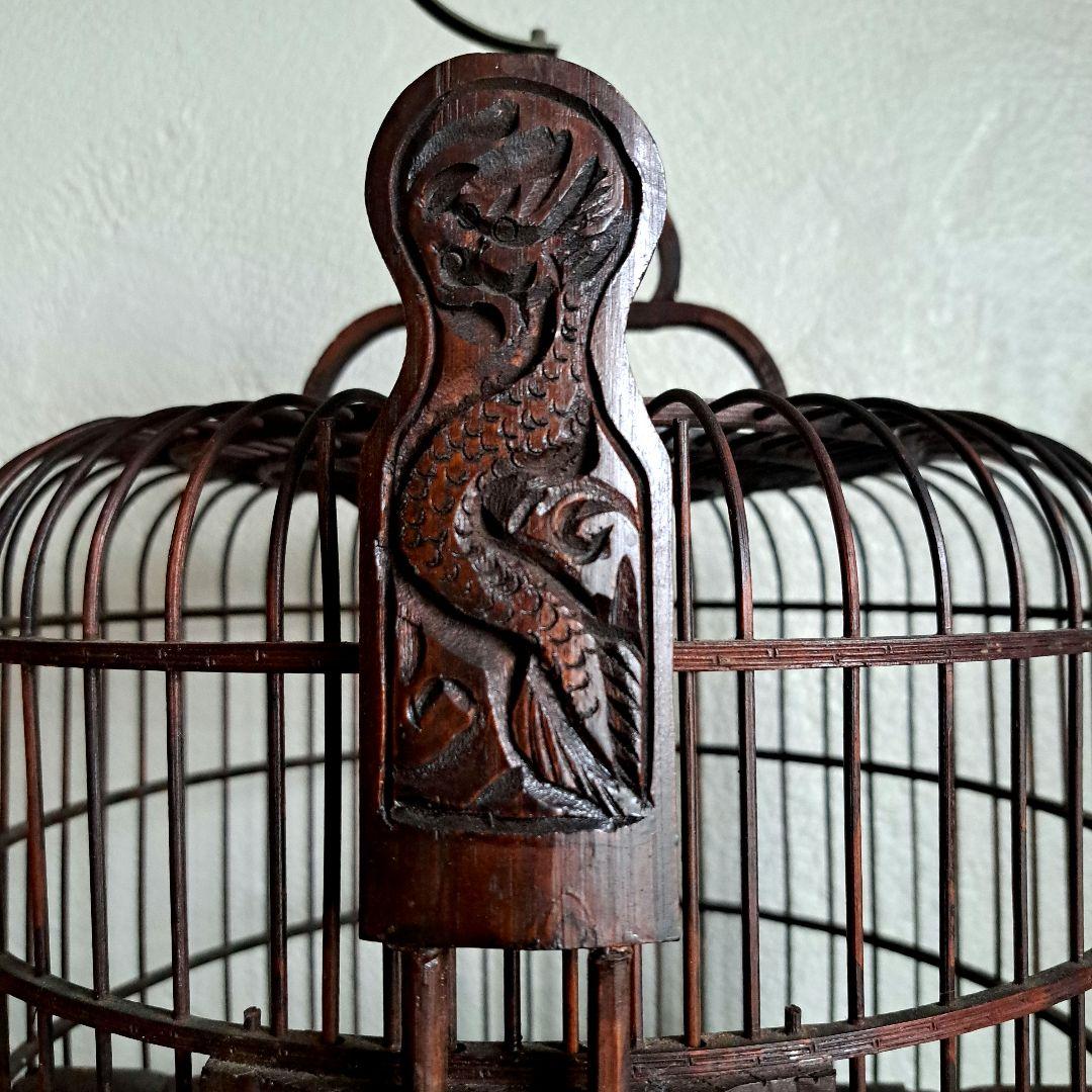 【美品】ヴィンテージ　鳥籠　バードケージ　竹細工　龍と鳳凰