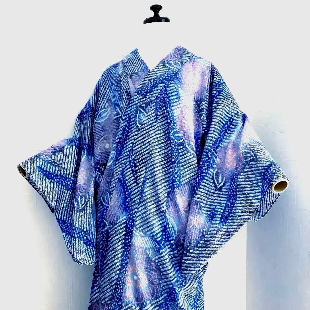 専用コト様　　有松鳴海絞り浴衣　身丈155cm ブルーとグレー上質No.2-90