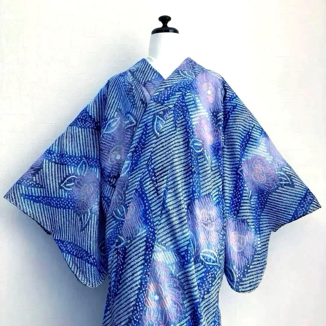 専用コト様　　有松鳴海絞り浴衣　身丈155cm ブルーとグレー上質No.2-90