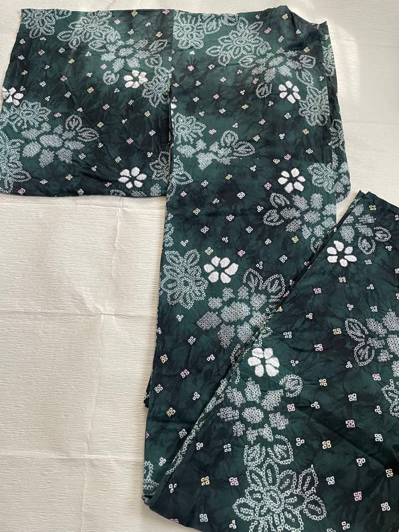 大人の絞り浴衣　ダークグリーン　深緑　希少ふくよかサイズused